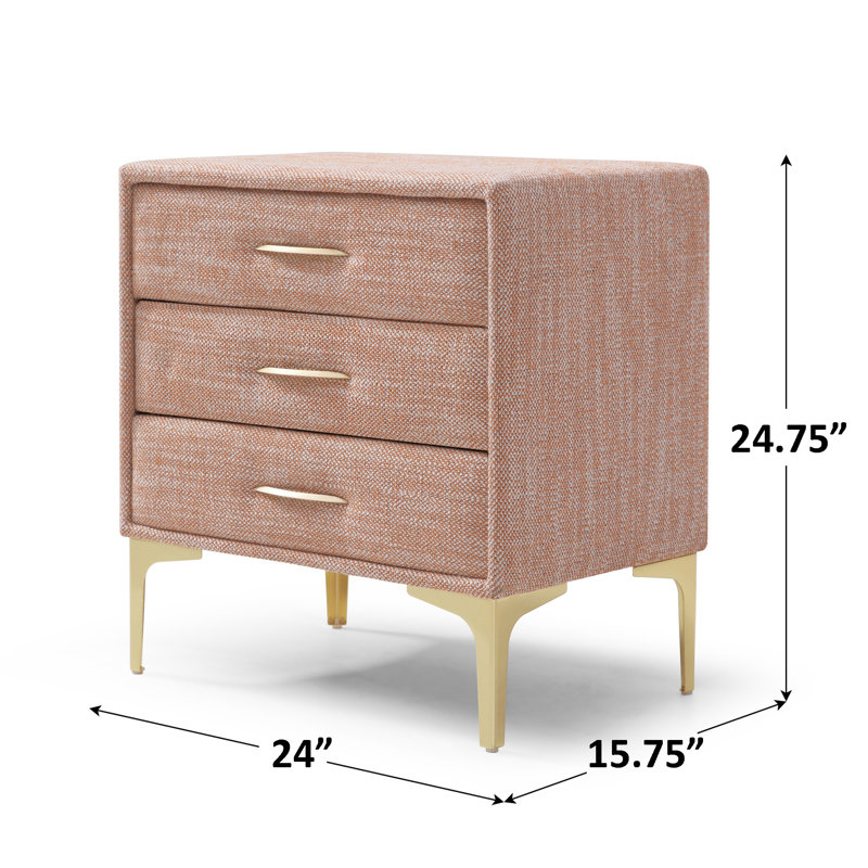 Élégante table de chevet rembourrée avec pieds dorés, Blanc / texturé gingembre