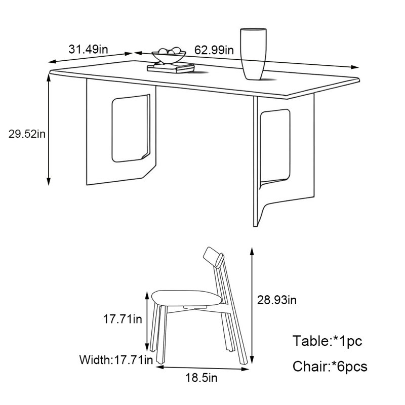Modern simple solid wood rock dining table set, 29.52"H x 62.99"L x 31.49"W