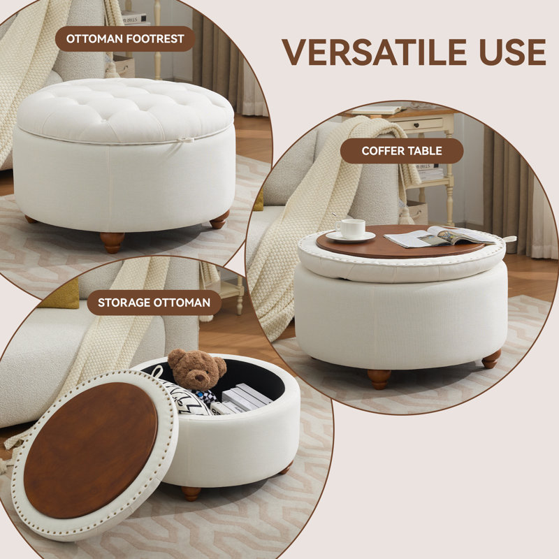Beige Linen Upholstered Round Storage Ottoman with Wooden Tray Top