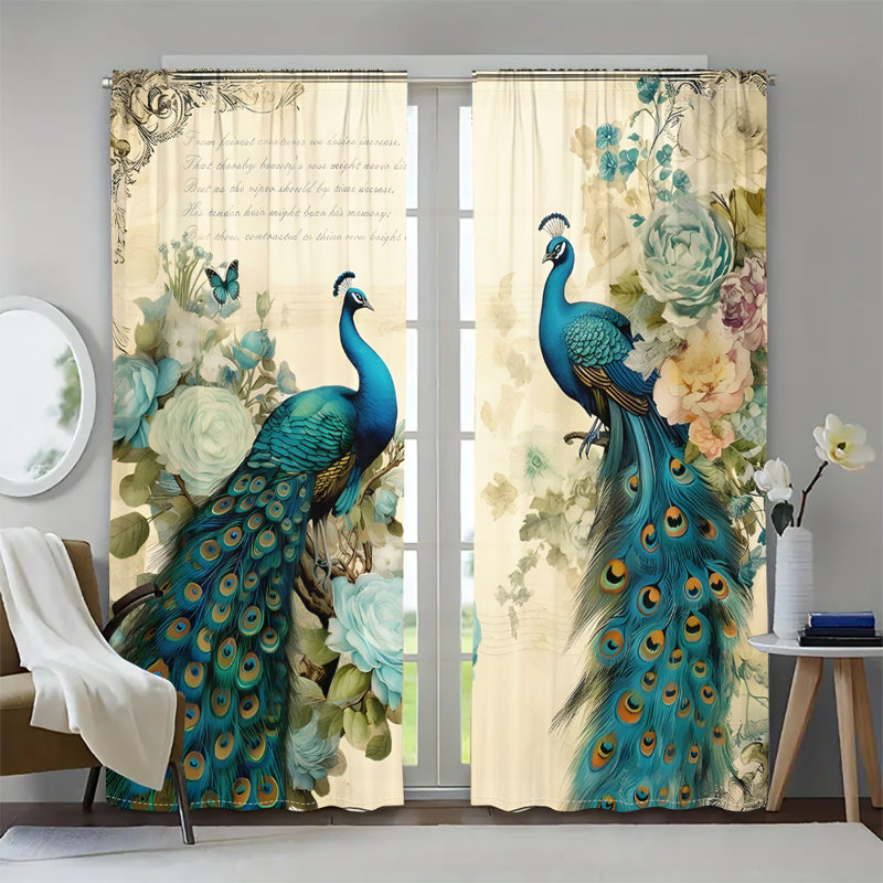 2Pcs Peacock Floral Window Curtains Vintage Botanical Print Rod Pocket Drapes Vibrant Turquoise Bird Pattern Elegant Home Decor Light Filtering Curtain Panels for Living Room Bedroom Dining