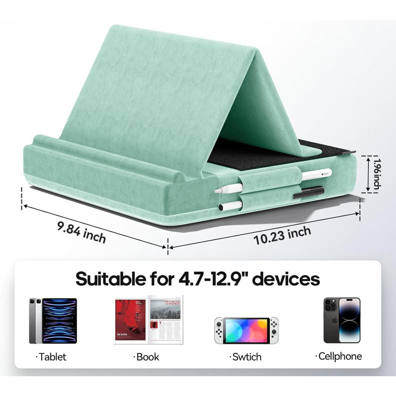 Tablet Pillow Stand, Multi-Angle Viewing Ipad Holder For Lap, Bed And Desk, Foldable Soft Pad Dock With Stylus Mount Compatible