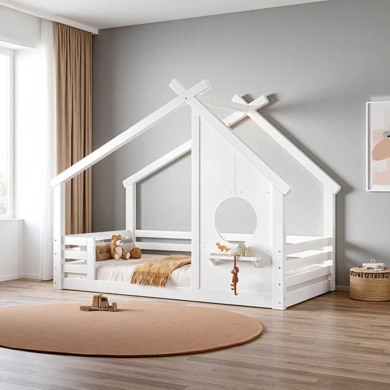 Lit House House avec fenêtre et petite tablette, Lit simple, Blanc
