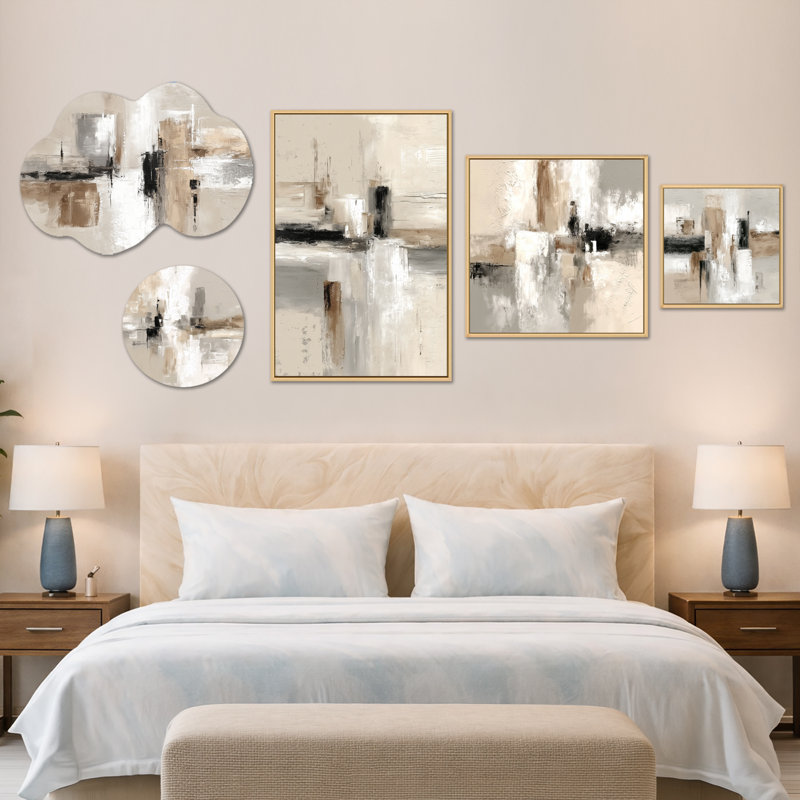 Brown & Black Brushstroke Abstract Painting – Large Contemporary Wall Art, Metal and Framed Canvas Print Set of 5 (100" x 40")