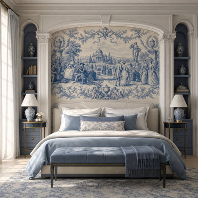 Blue Toile Wallpaper Pastoral Landscape French Country Wall Mural