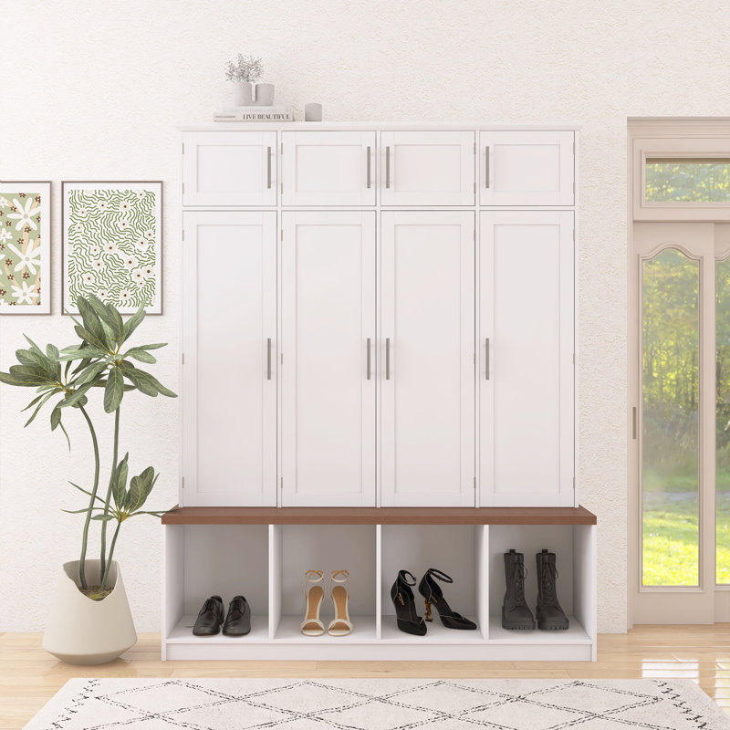 Farmhouse 4-in-1 Mall Tree, Walnut, 4 Hidden Hooks, 8 Doors, Open Compartment Entryway Shoe Cabinet, White