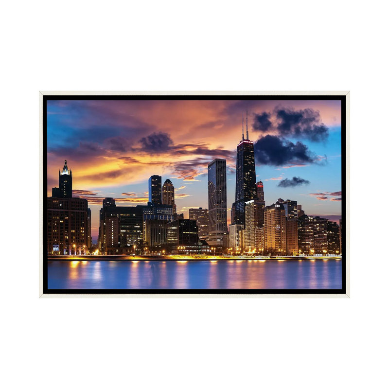 Chicago Skyline by Paul Rommer iCanvas, 32" H x 48" W x 1.5" D, Distressed White Floater Frame Canvas