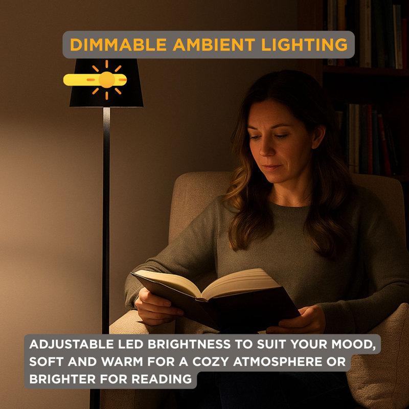  Lampe de table carrée à abat-jour à DEL, lumière sans fil rechargeable, accent lumineux pour bureau, table de chevet ou salon, 15 po, noir mat