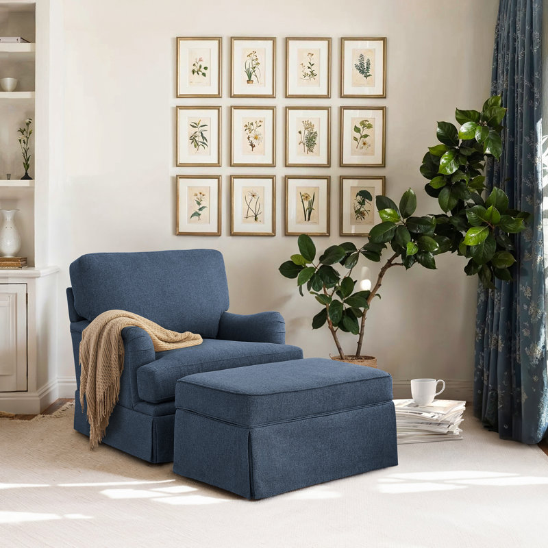 Fauteuil demi-tonneau pivotant avec repose-pieds 32,7 po, Lin bleu foncé