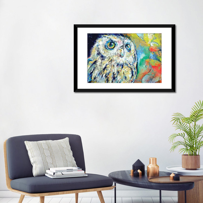 « hibou », reproduction d’art sur toile, H 24 po x l 32 po x P 1 po, Papier d'art encadré noir, Blanc