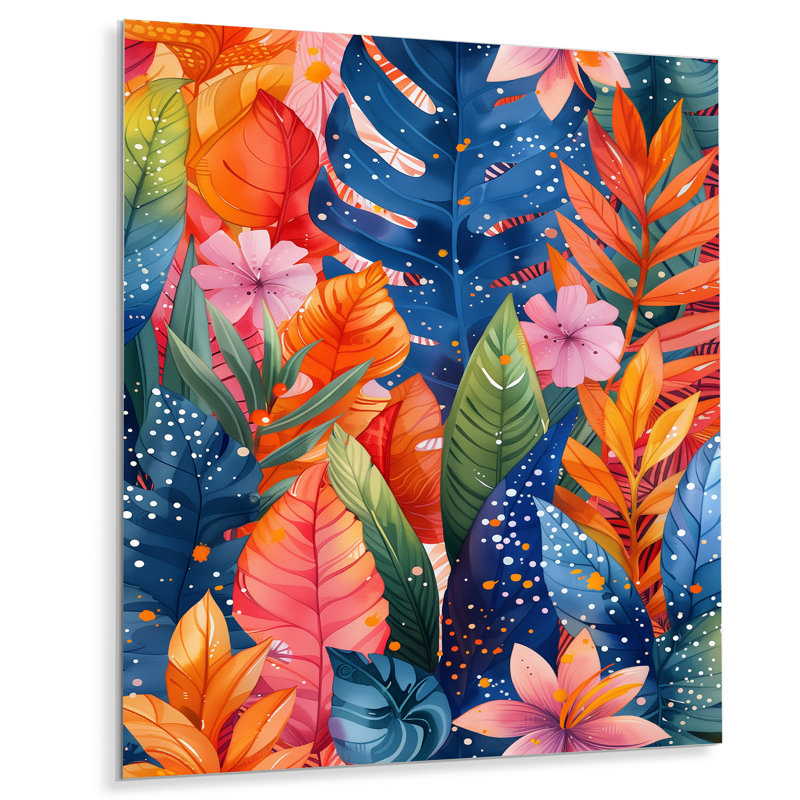 «Botanical Orange Blue Palm Leaves - Palmiers et palmiers», art mural, H 24 po x l 32 po, Sans cadre, métal