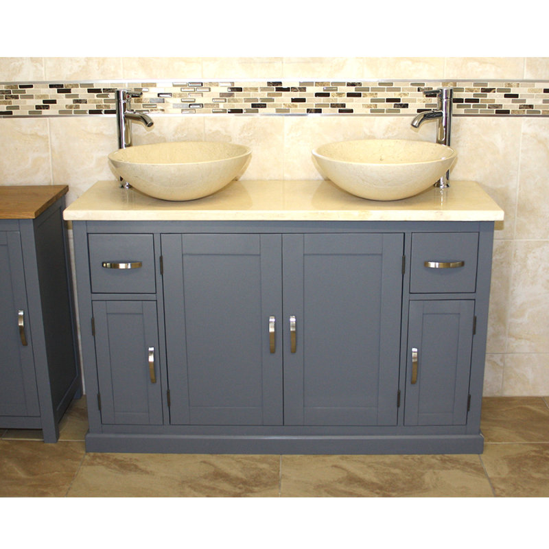 Eros 1230mm Double Bathroom Vanity with Vessel Stone Basin, Cream Marble