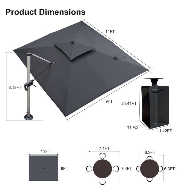 108'' x 132'' Rectangular Cantilever Umbrella withPatio Umbrella with Base in Ground, Gray