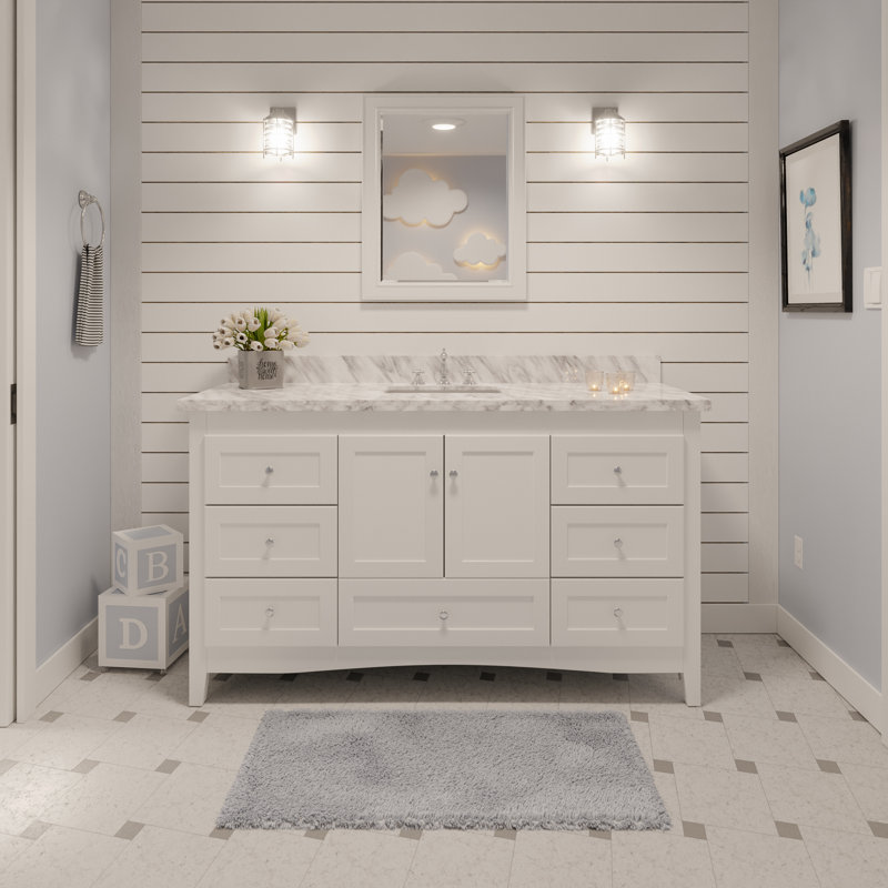 Edber 60'' Single Bathroom Vanity with Top, White, Carrara Marble