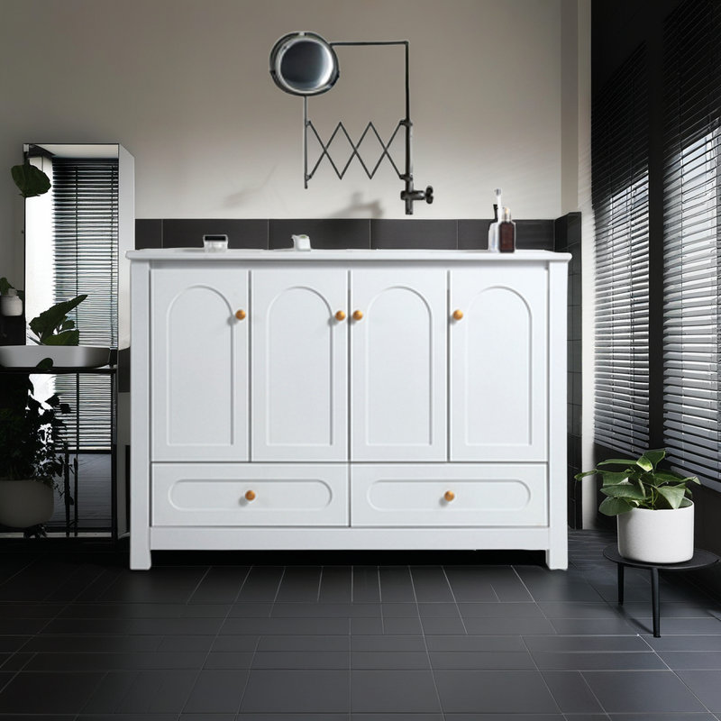 Meuble-lavabo de salle de bain avec lavabo en céramique, 4 portes et 2 tiroirs, Blanc