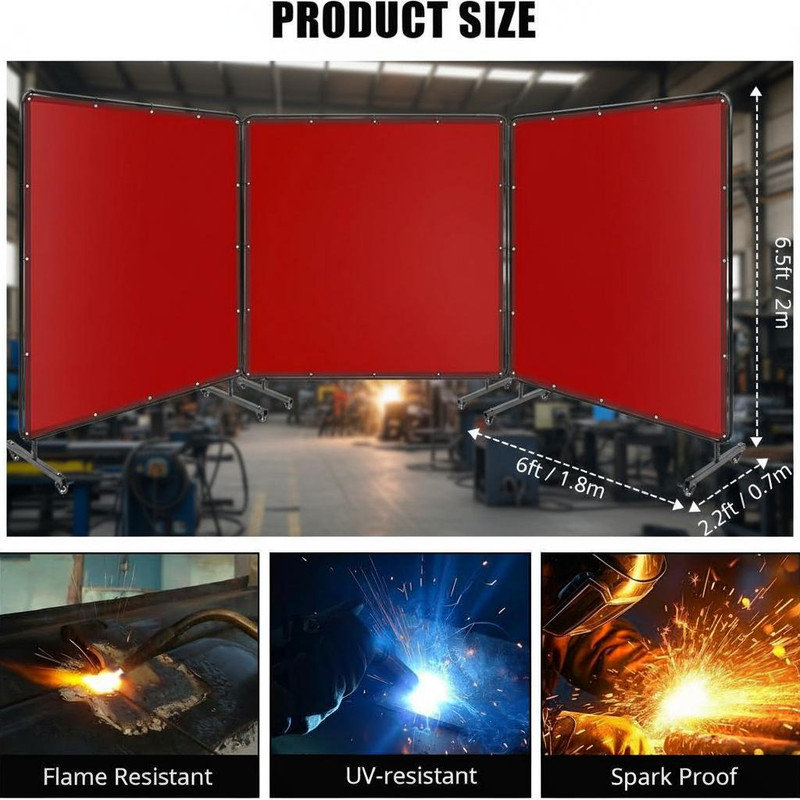 Flame-Resistant 3-Panel Welding Screen with Frame – Transparent PVC Curtain, Steel Frame, Lockable Swivel Casters, Portable Welding Protection for Workshop, Garage