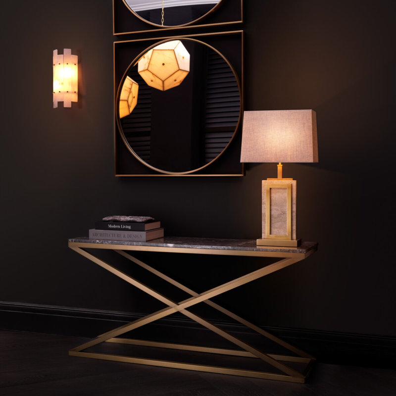 Console Table Criss Cross Brushed Brass Finish - Gray Marble