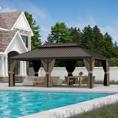 22 pi. L 14 pi. D Gazebo de patio en aluminium, pavillon de gazebo à toit rigide de qualité supérieure et filet pour patio, pelouse et jardin, brun