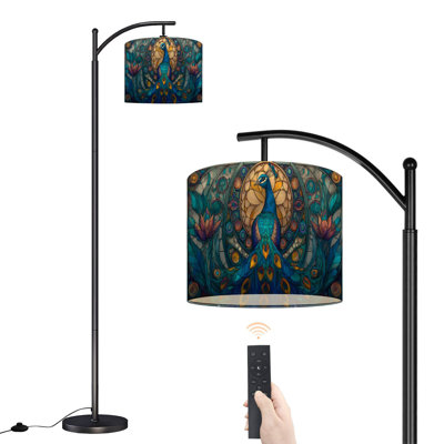 Arc Floor Lamp with Adjustable Lampshade Abstract Peacock Stained Glass Green Blue Purple Standing Lamp 3 Colour Temperatures Dimmable Tall Pole Lamp with Foot Switch for Bedroom