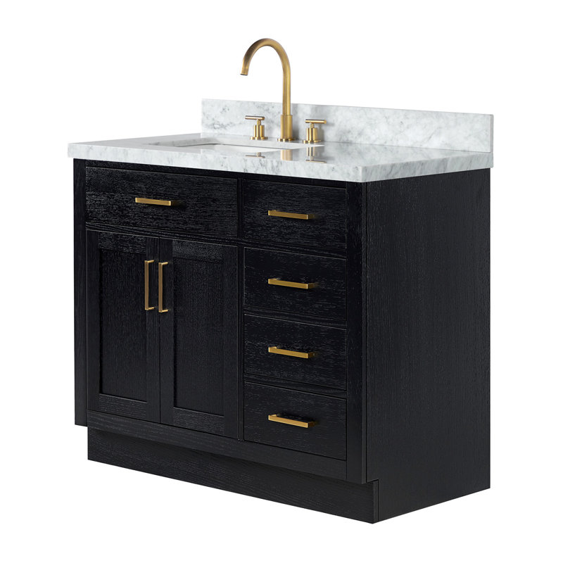 Meuble-lavabo simple en bois massif Tidworth de 42 po avec plateau en marbre de Carrare de 1,5 po, Gauche, Chêne noir