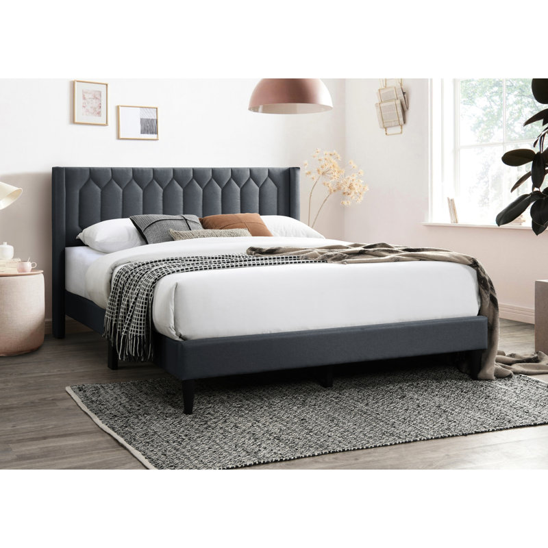 Grand lit de couleur gris anthracite, tête de lit en toile de jute avec aspect de diamant artistique, base en bois élégance moderne, cadre
