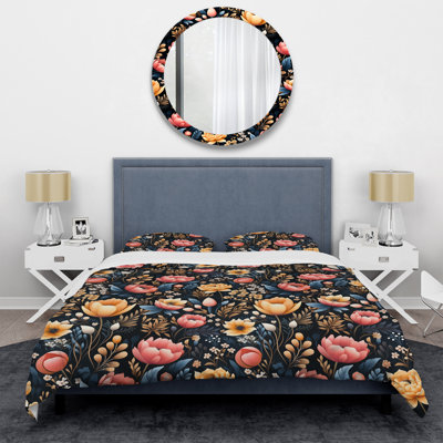 Multicolor Wildflowers Garden On Black Pattern - Ensemble de housse de couette à motif floral
