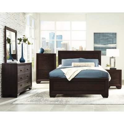 5 pièces pour très grand lit foncé, grain de bois de chêne naturel, rainures encastrées, cadre encadré, glissières de tiroir pour un charme rustique avec une touche de modernité