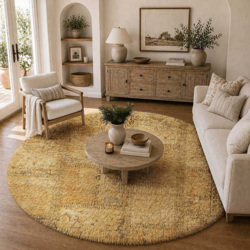 Tapis à poil long de qualité supérieure lavable à la machine ADS685, Cuivre, Rond 8 pi