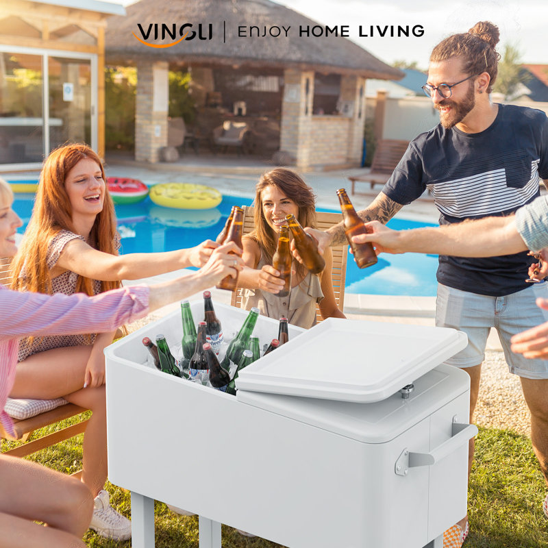 80QT Patio Rolling Ice Chest Cooler Cart With Bar Drink Cooler Beverage Cart With Shelf For Party, White