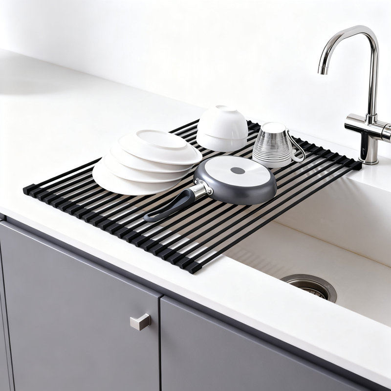 Égouttoir à vaisselle enroulable avec revêtement en silicone, égouttoir à vaisselle sur l'évier pliable pour une organisation de cuisine peu encombrante