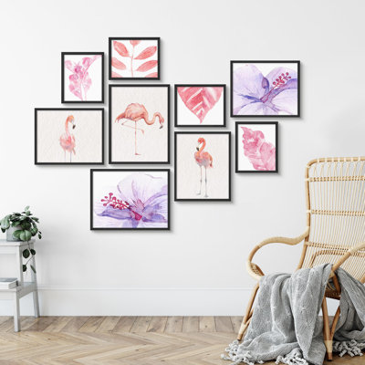«Tropical Bliss», aquarelle, flamant rose et feuillage tropical, illustrations, art moderne, petit décor