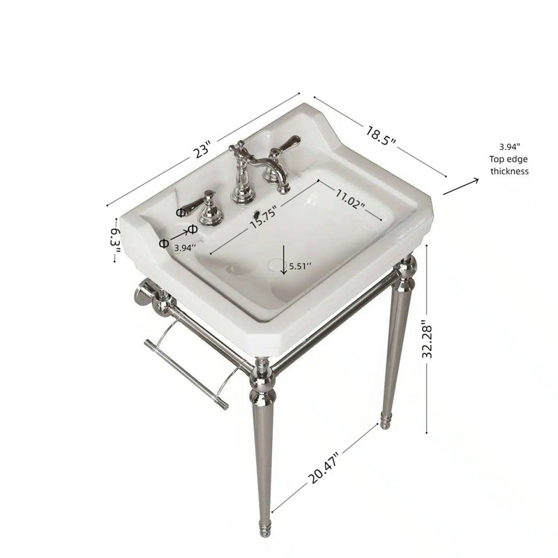 Lavabo de console de salle de bain 23 po, meuble-lavabo mural en céramique blanche avec 3 trous de robinet pré-percés, pieds de support autoportants en acier inoxydable avec barre à serviettes, sans robinet ni couvercle de lavabo