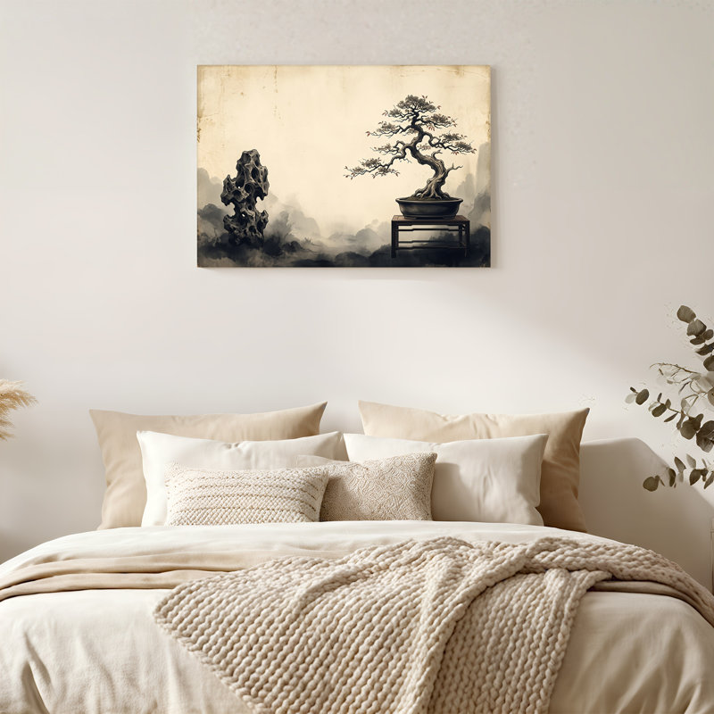 Sépia, bonsaï, arbre et roche, encre, peinture sur toile, art mural, 36"H x 48"W