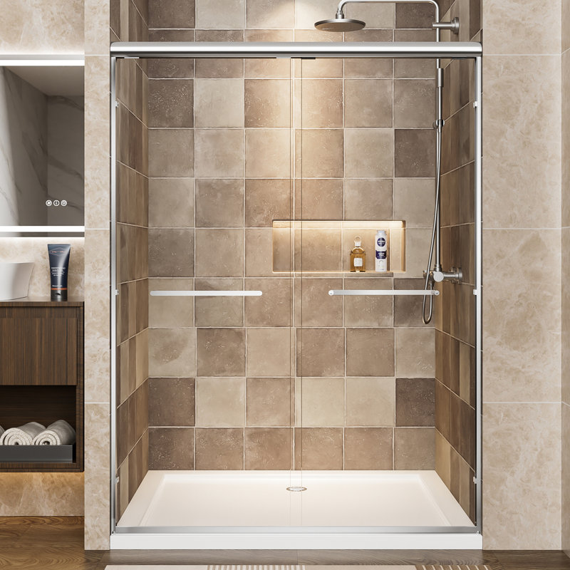 Aluminum Double Sliding Shower Door 54" W X 72" H, 1/4" Clear Tempered Glass, - Proof Film, Easy Installation, Waterproof, Reversible Adjustable Width, Corrosion Handles In Bathroom Wide High With
