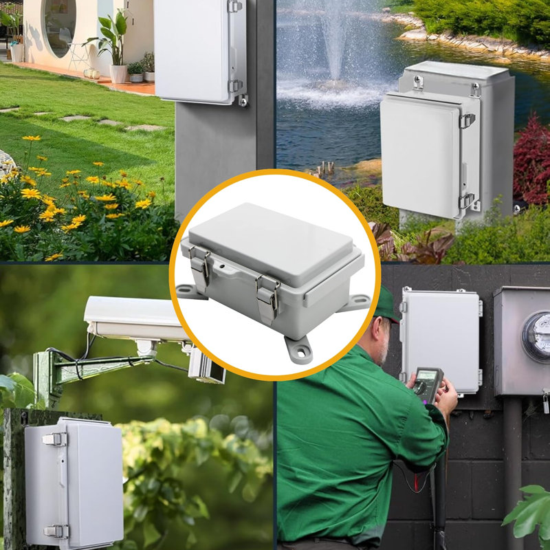 Mini boîte de jonction étanche grise avec couvercle à charnières et loquet en acier inoxydable