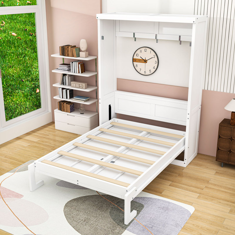 Lit escamotable en bois peu encombrant avec conception d'armoire, Twin, Blanc