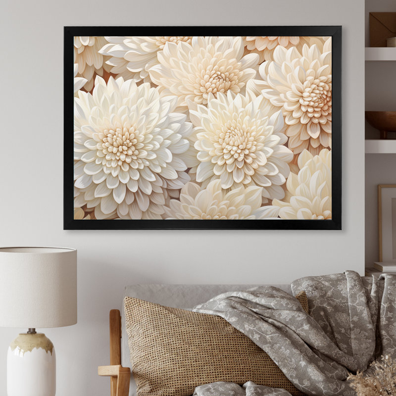 «Pure White Chrysanthemums Mosaic I», reproduction sur toile, Cadre simple noir, H 16 po x l 32 po x P 1 po