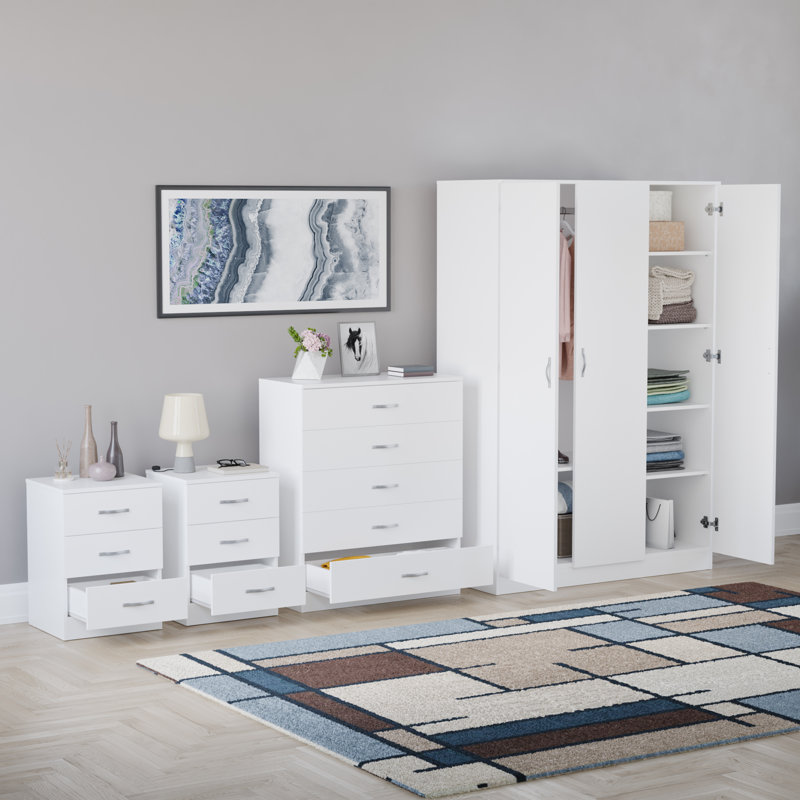 Tayce 4 Piece Bedroom Set (3 Drawer Bedside Chest X2, 5 Drawer Chest, 3 Door Wardrobe), White