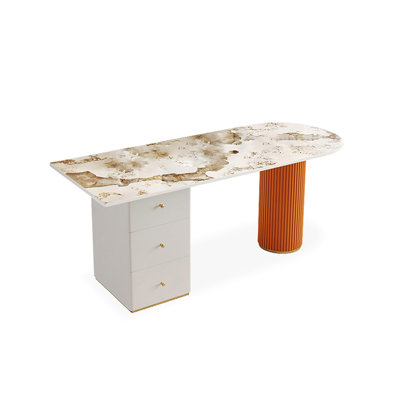 Bureau en bois manufacturé courbé orange avec 3 tiroirs