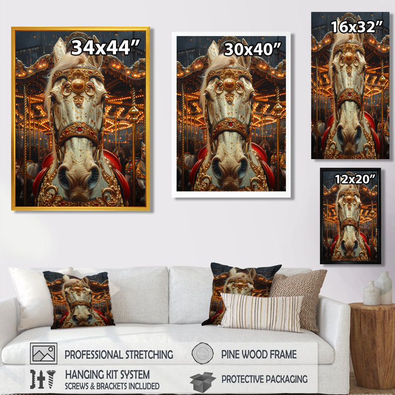 Carrousel de cheval de fée doré blanc doré II - impression d'art mural carrousel, H 20 po x l 12 po x P 1 po