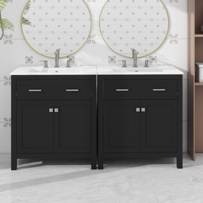  60" Stylish Bathroom Vanity With Dual Sink Set Dual Vanities Adjustable Shelf Soft Closing Doors
