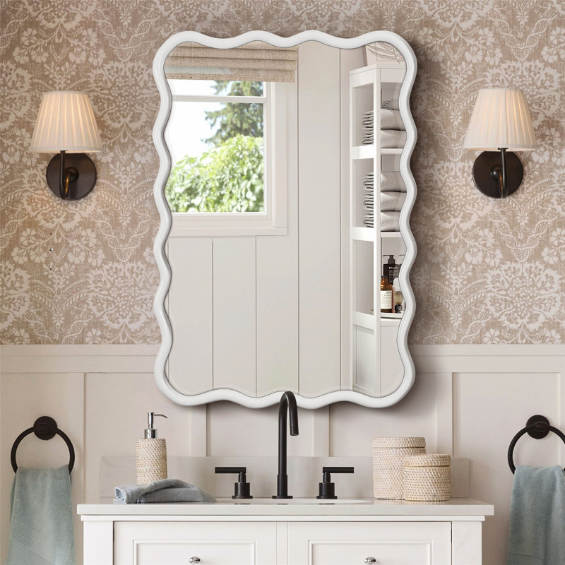 Miroir ondulé en bois massif, 39,8 po x 28 po, Blanc, Rectangulaire