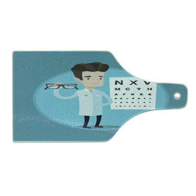 Ambesonne Eye Chart Tempered Glass Cutting Board Doctor Holding Eyeglasses Sea Blue and Multicolor