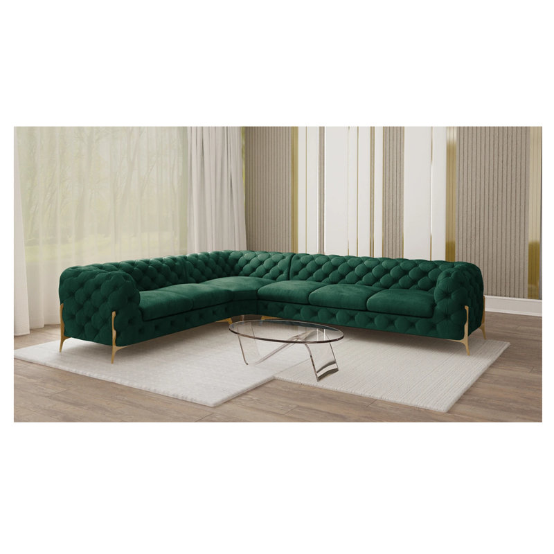 L-shape Corner Chesterfield Sofa  with Gold Metal Legs, Bottle Green, Right Hand Facing
