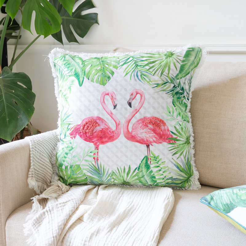 Hand-Woven Coral Pink Flamingo Tropical Throw Pillow
