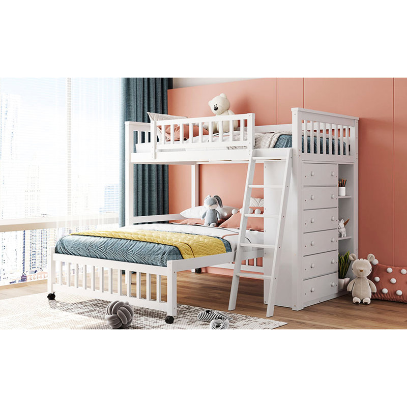 White Wooden Bunk Bed With Six Drawers And Removable Bottom Twin Over Full 6 & Wheels - Finish, White