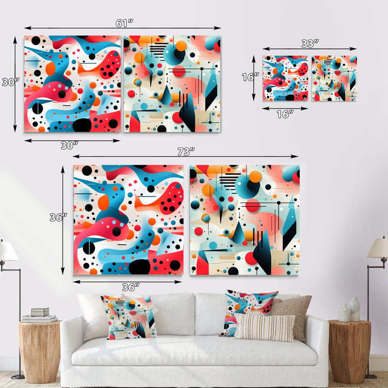 «Pink and Blue 1950S Trendy Patterns I», ensemble de 2 peintures murales abstraites géométriques en acrylique