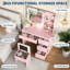 Bureau de maquillage avec miroir lumineux à DEL 3 couleurs et station de charge, ensemble de coiffeuse avec 4 tiroirs, tabouret de rangement, tablettes ouvertes et support pour sèche-cheveux, rose-129882384