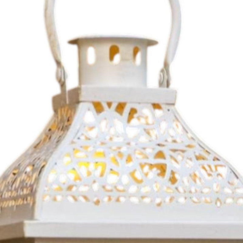 Set of Two Cream Distressed Filigree Metal Tabletop Lantern Candle Holders