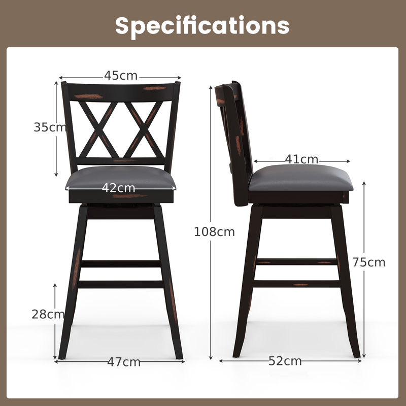 Dutil Swivel Counter Stool with Solid Wood Frame, Black, Bar Stool (75cm Seat Height)