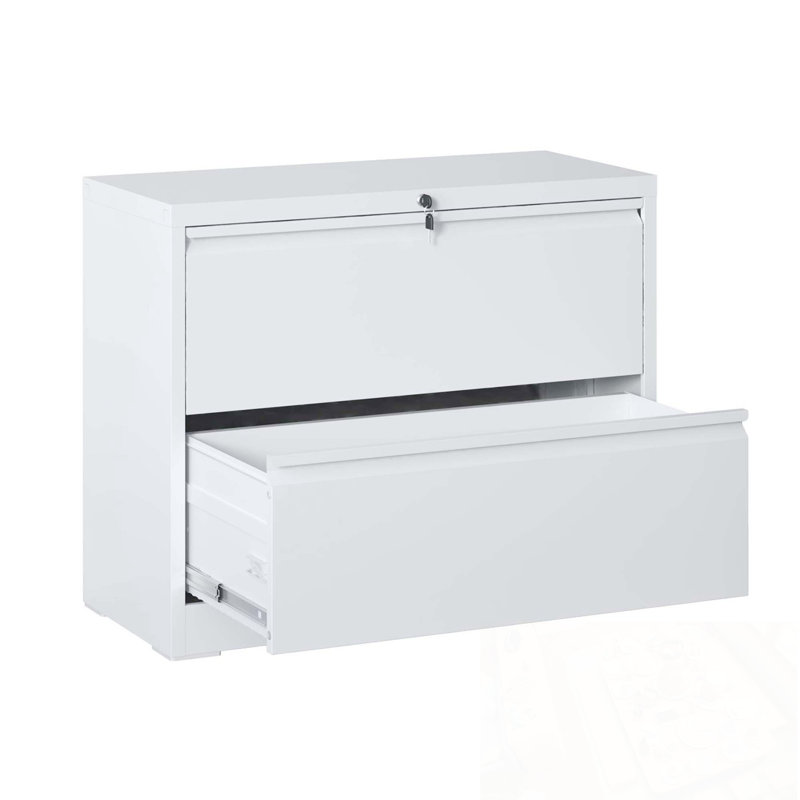 Wide Metal File Cabinet with 2 Drawers and Lock, White